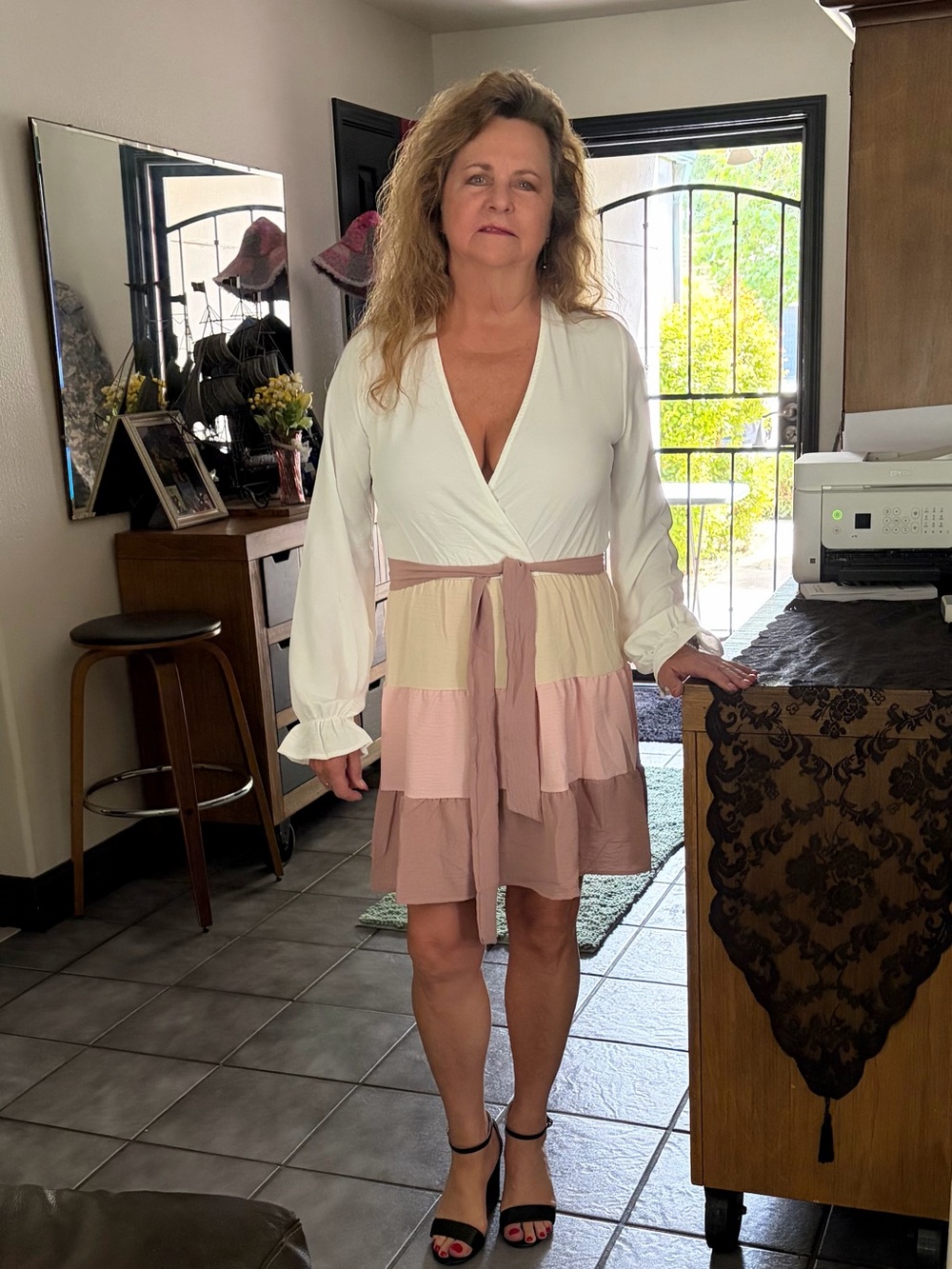 Tiered Long-Sleeve Wrap Dress in White and Blush Sz S, will fit medium